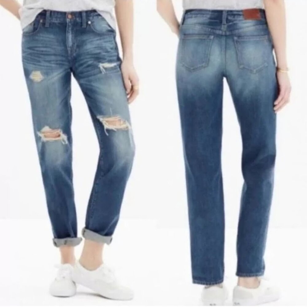 MADEWELL Boyjean Jeans, Blue Cotton Denim Distressed Straight High Rise Boho, 24